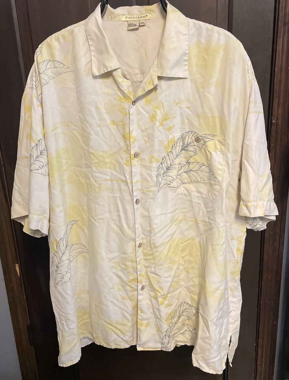 Tulliano 2XL 100% Silk Men's Resort Camp Shirt Yellow Hawaiian Leaf